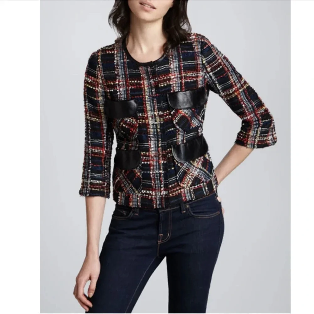 Smythe Boucle Leather-Detail Jacket Womens Size 6 Plaid Blazer Navy Career - Picture 3 of 10